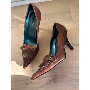 Vintage 90s Brown Leather Tasseled Loafer Heels Size 7 Pointed Toe Classic Prep